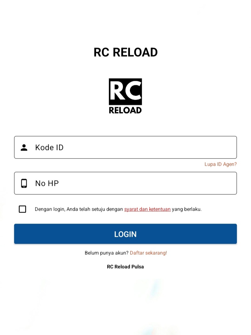 Tampilan login aplikasi RC Reload Pulsa